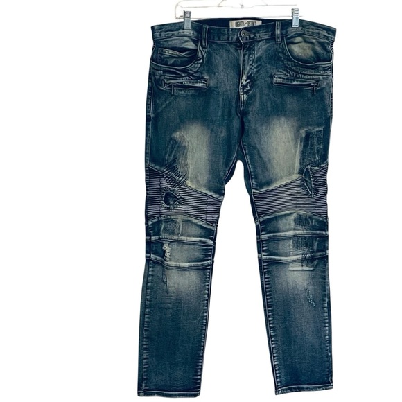 8ighth Dstrkt Blue Denim Moto Jeans Zippers Ribbed Knees 38x34  (38 X 32 Actual) - Picture 1 of 15